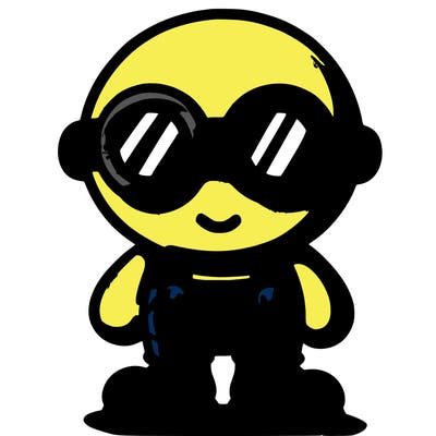 small yellow thing with goggles and bald with blue overall  black shoes