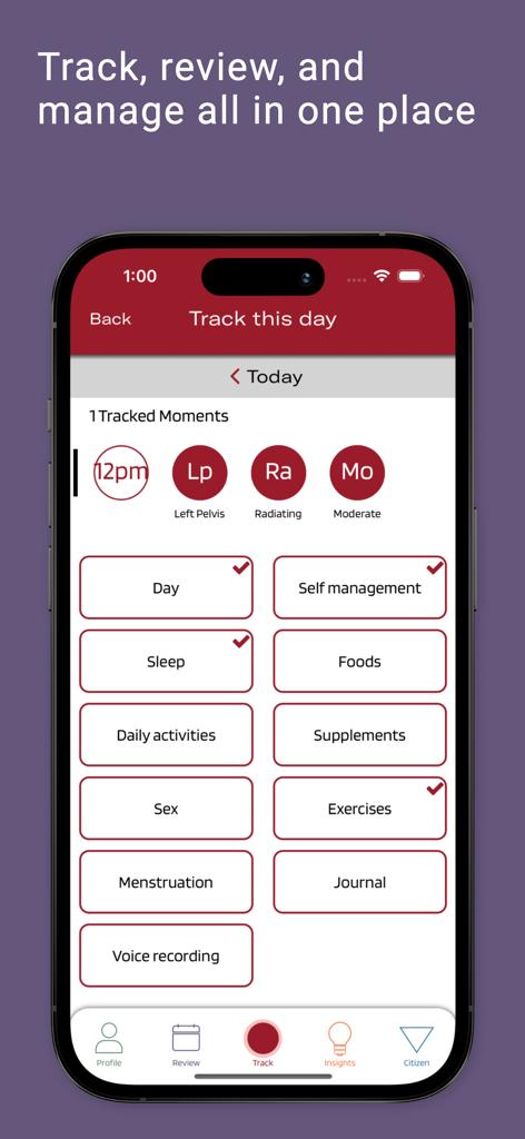 Phendo - Phendo app interface for tracking daily endometriosis symptoms and health management categories