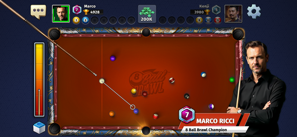 8 Ball Brawl: Pool & Billiards - Gameplay screen of 8 Ball Brawl Pool and Billiards showing a competitive 1v1 match on a red pool table