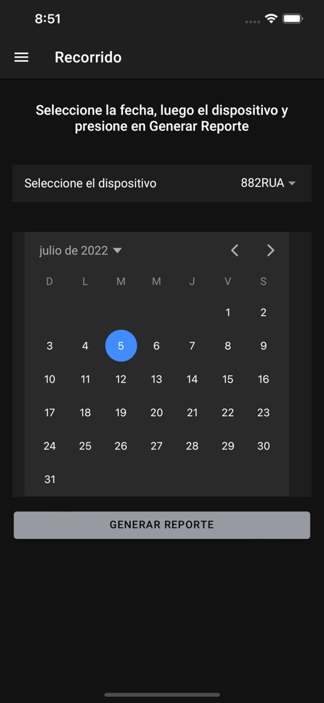 Rastreo GPS v2 - Interfaz para generar reportes de rutas de vehículos mostrando un calendario y selección de dispositivos en la aplicación Rastreo GPS v2