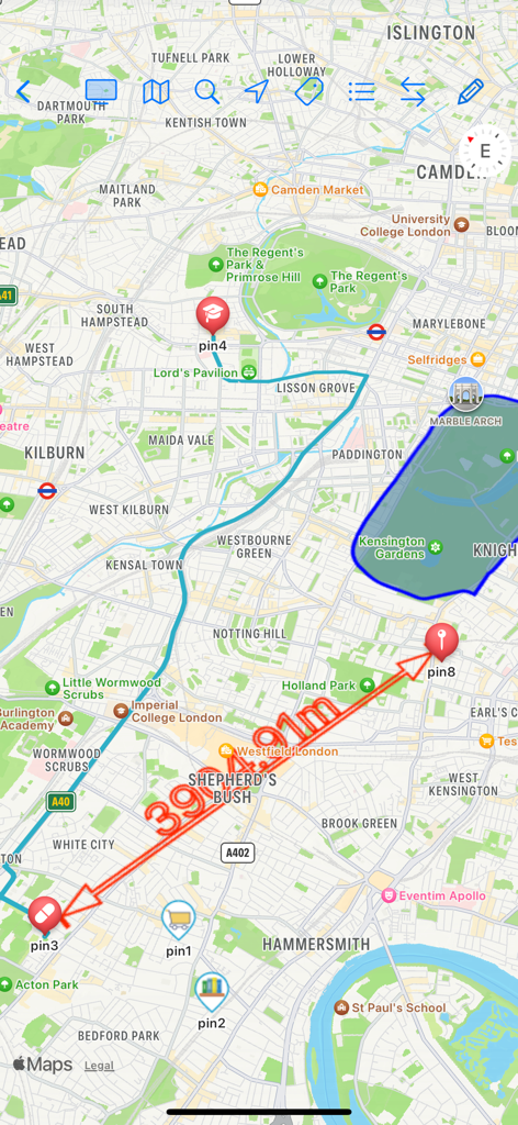 Map Notes - Interfaz de la aplicación Map Notes que muestra marcadores personalizados, rutas dibujadas a mano y medición de distancia en un mapa de Londres.