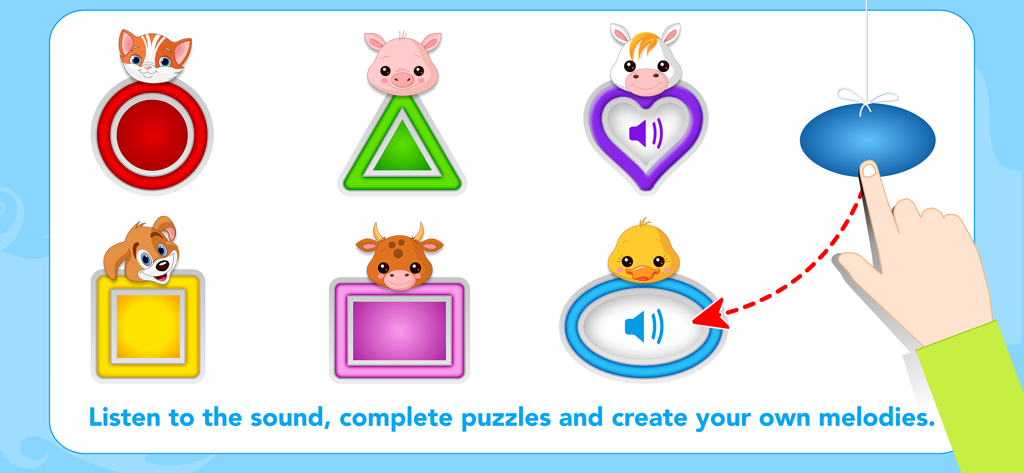 An interactive matching game featuring colorful shapes with cute animal faces and musical sound icons for children.