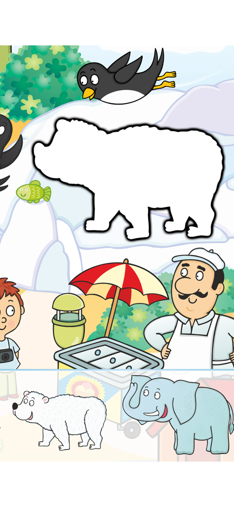 Preschool animal shape matching game featuring a bear silhouette and colorful zoo characters