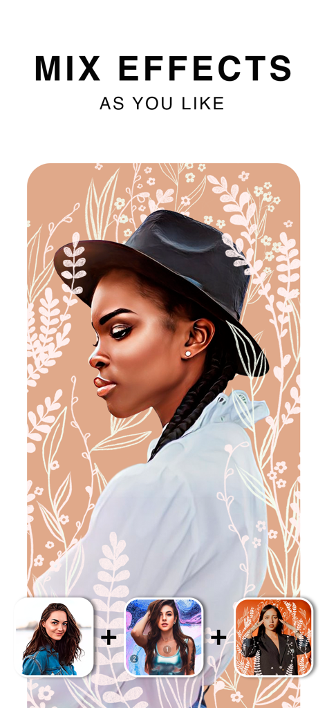 Interface of Photo Lab PRO showing how to combine artistic portrait filters and floral backgrounds