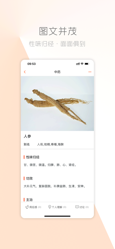 Une capture d'écran de l'application Home of TCM montrant une entrée encyclopédique détaillée de la racine de ginseng avec ses propriétés médicinales et ses images.