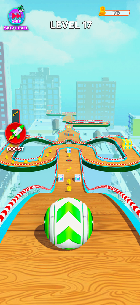 Sky Rolling : Going Balls - A green and white 3D ball rolling on a wooden obstacle track high above a city skyline