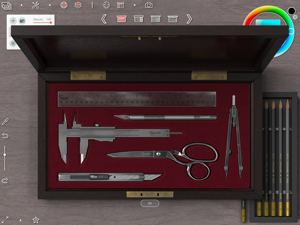 Digital art interface showing a wooden box with realistic drafting tools like scissors calipers and a ruler