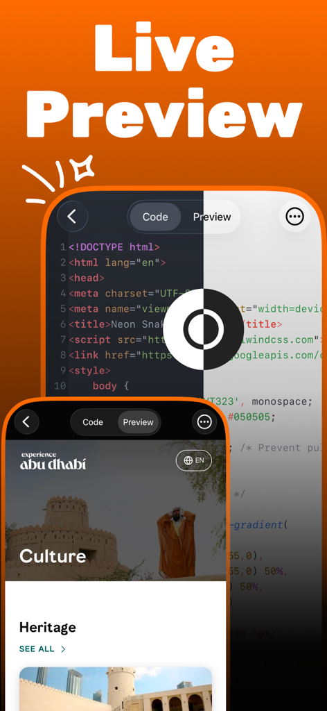 HTML Creator : Editor & Viewer - Mobile app interface showing a split screen with HTML code on one side and a live website preview on the other