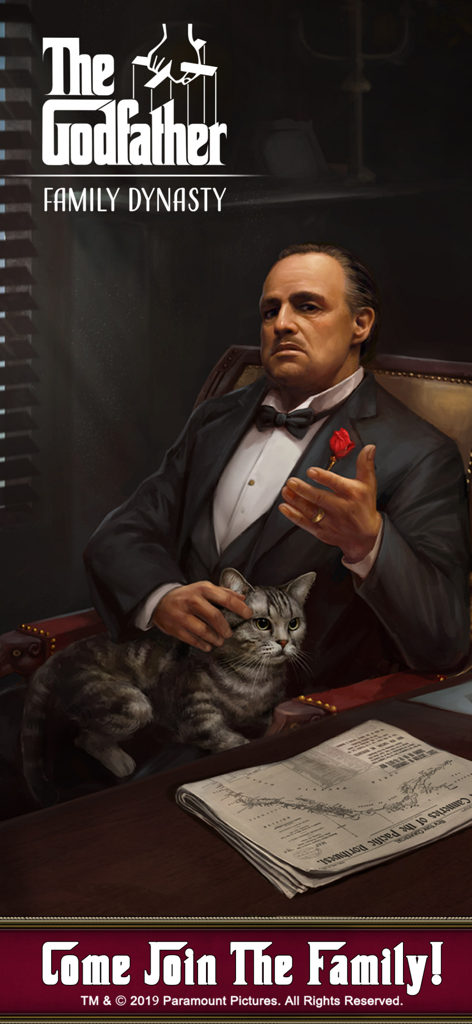 Vito Corleone sitting with a cat in The Godfather Family Dynasty strategy game