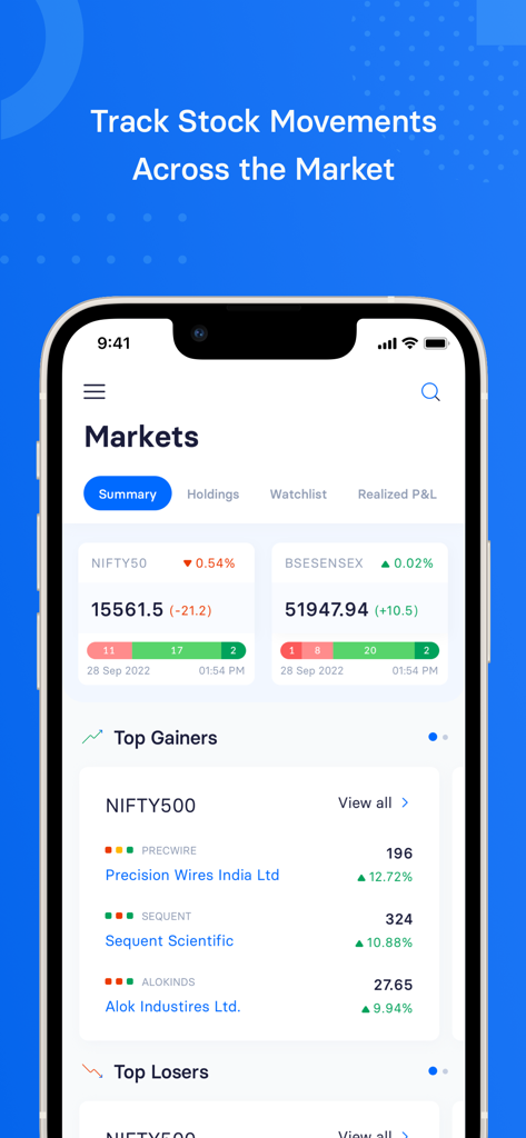 Trendlyne app screenshot showing NIFTY 50 and BSE SENSEX market summaries and top gaining stocks.