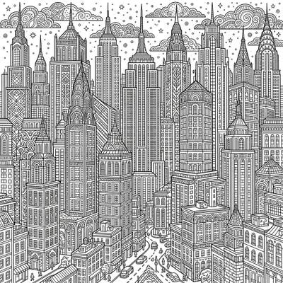 Unleash your creativity with this stunning adult coloring page featuring an elaborate cityscape of majestic skyscrapers. Designed for intricate detail, it offers a relaxing and engaging artistic challenge for urban enthusiasts.