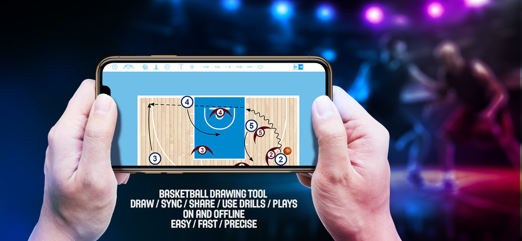 A person using the basketball coaching app drawing tool to design a tactical play on a smartphone.