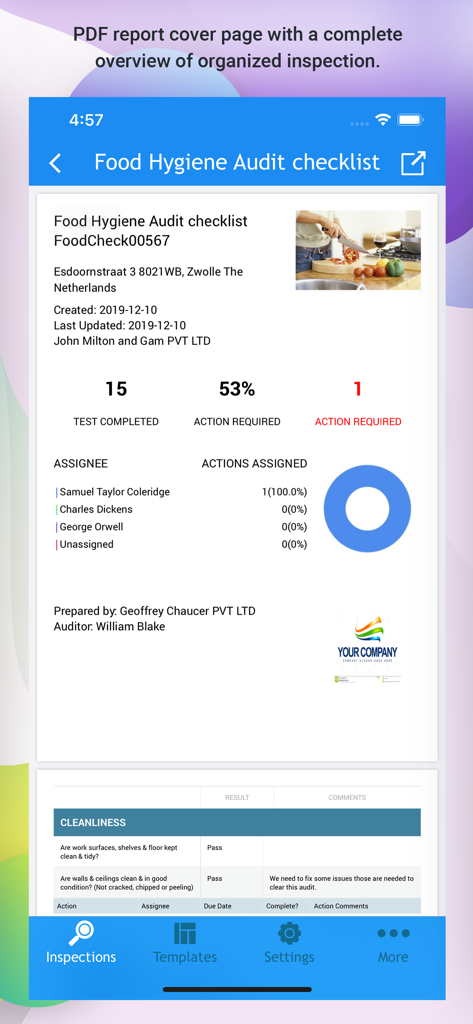 A mobile app screenshot showing a food hygiene audit report cover page with inspection statistics, assignee details, and a summary chart.