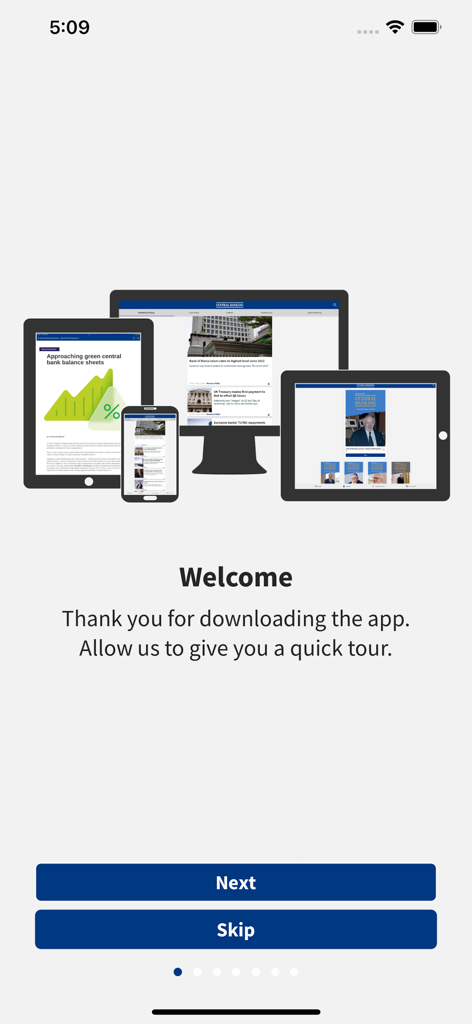 Welcome screen for the Central Banking app displaying multi-device interface on monitor tablet and mobile phone