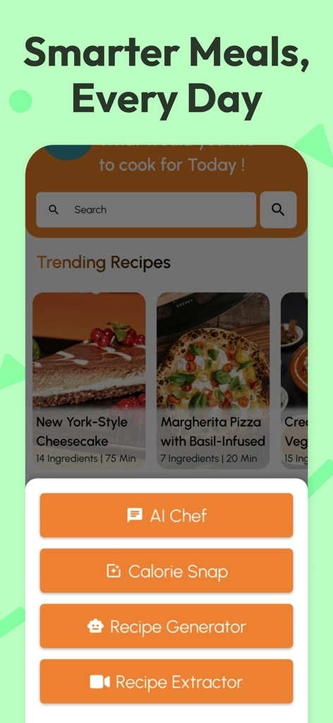 RecipifyAI AI Recipe Generator - RecipifyAI mobile app interface showing trending recipes and buttons for AI Chef, Calorie Snap, Recipe Generator, and Recipe Extractor.