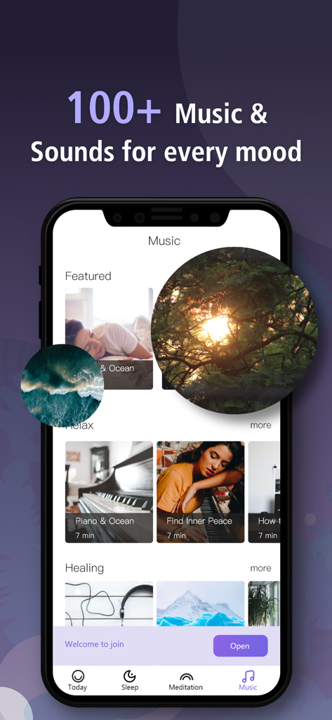 A smartphone displaying the music and sounds library of the Now Meditation app with various calming tracks