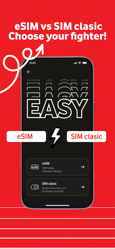 Oberfläche der Vodafone EASY App, die die Wahl zwischen einer eSIM oder einer klassischen SIM-Karte zeigt.