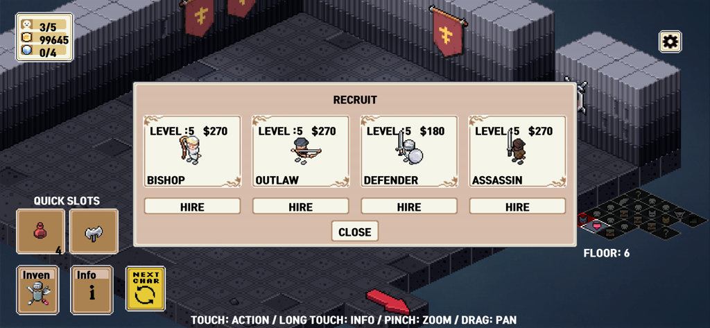 SFD : ROGUE TRPG - Menú de reclutamiento en SFD Rogue TRPG mostrando las clases de personajes disponibles en arte de píxeles de mazmorra.