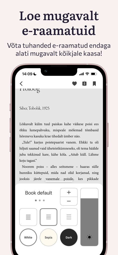 Rahva Raamat app e-book reader interface with reading customization settings for font size and background themes