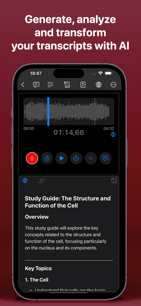 Aı Note Taker - Voice Notes - Aplicación AI Note Taker mostrando la onda de audio de una grabación de voz y una guía de estudio generada automáticamente