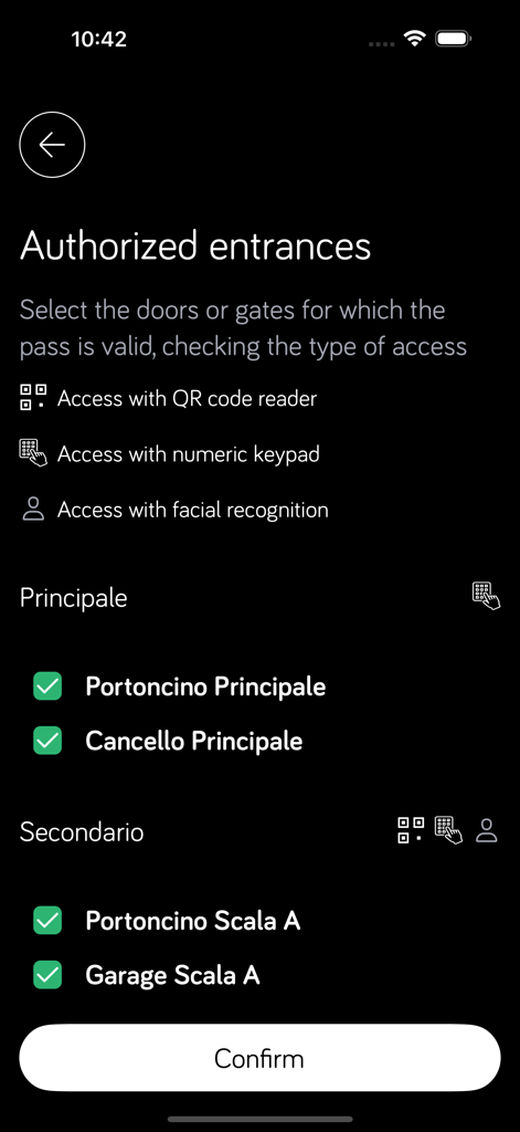 Urmet CallMe Uin - Uma interface móvel para selecionar portas e portões autorizados para acesso digital no aplicativo Urmet CallMe Uin