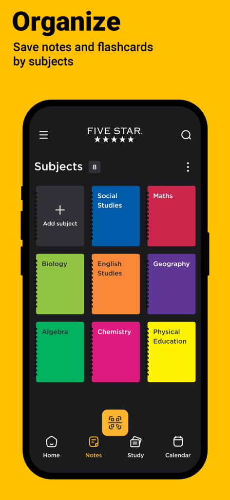 Five Star Study App screen displaying various school subjects organized in colored folders