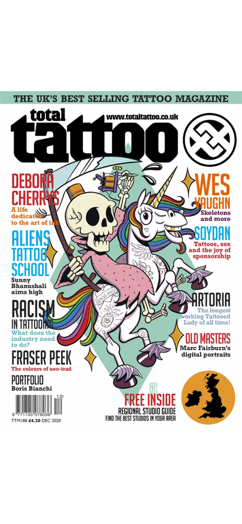 Front cover of Total Tattoo Magazine featuring a cartoon skeleton riding a rainbow unicorn with tattoo art headlines