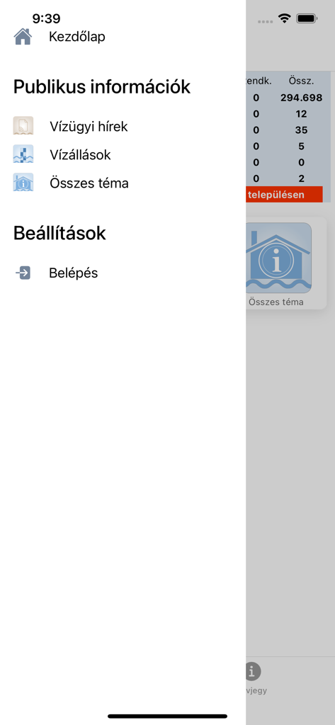 The side navigation menu of the TelVIR app showing options for water news and water levels in Hungarian