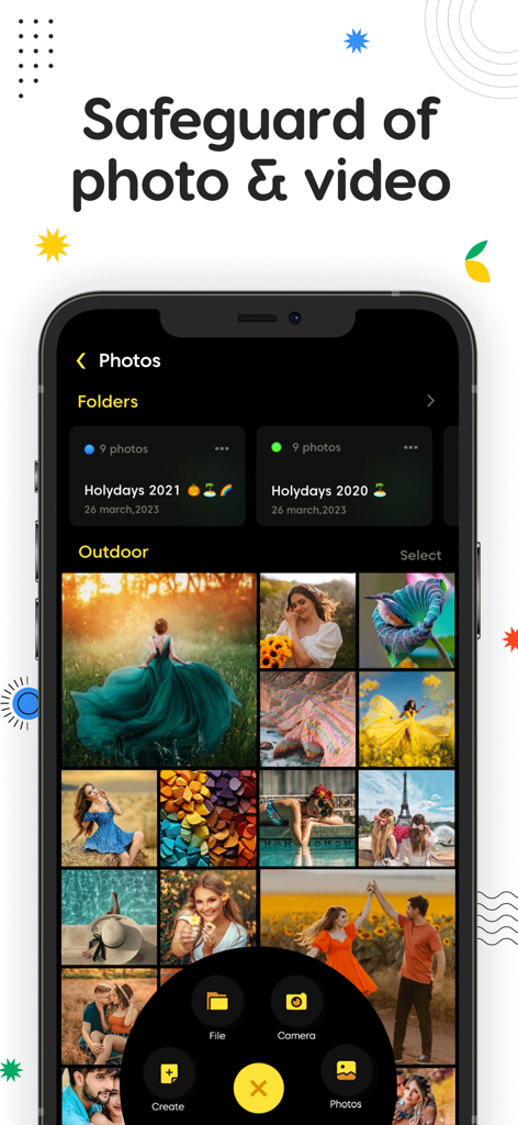 Photo Vault: Hide Pics & Video - Mobile app interface showing a secure photo and video gallery with organized folders and a grid of private images