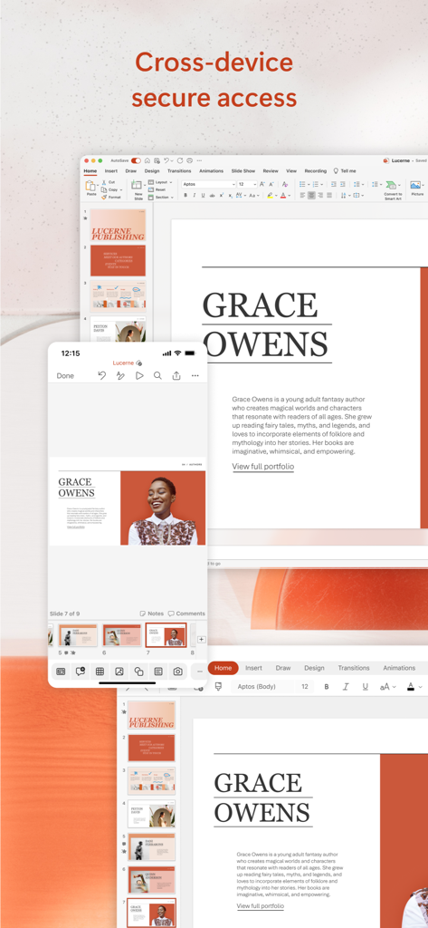 Microsoft PowerPoint presentation synced across a desktop and a mobile phone screen