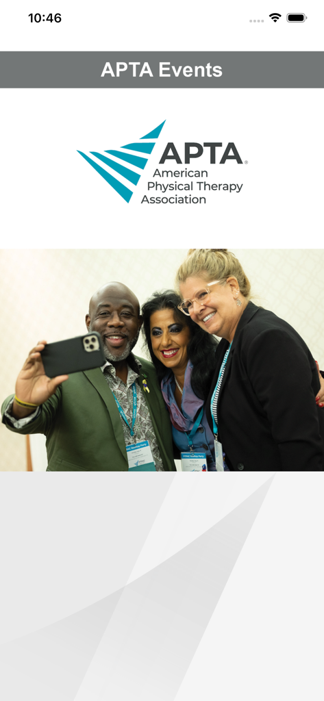 APTA CSM Events - Welcome screen of the APTA Events mobile app showing the American Physical Therapy Association logo and a group of healthcare professionals