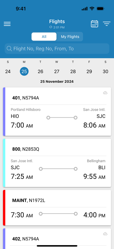 Takeflite Go mobile app interface showing a list of regional flights with departure and arrival times