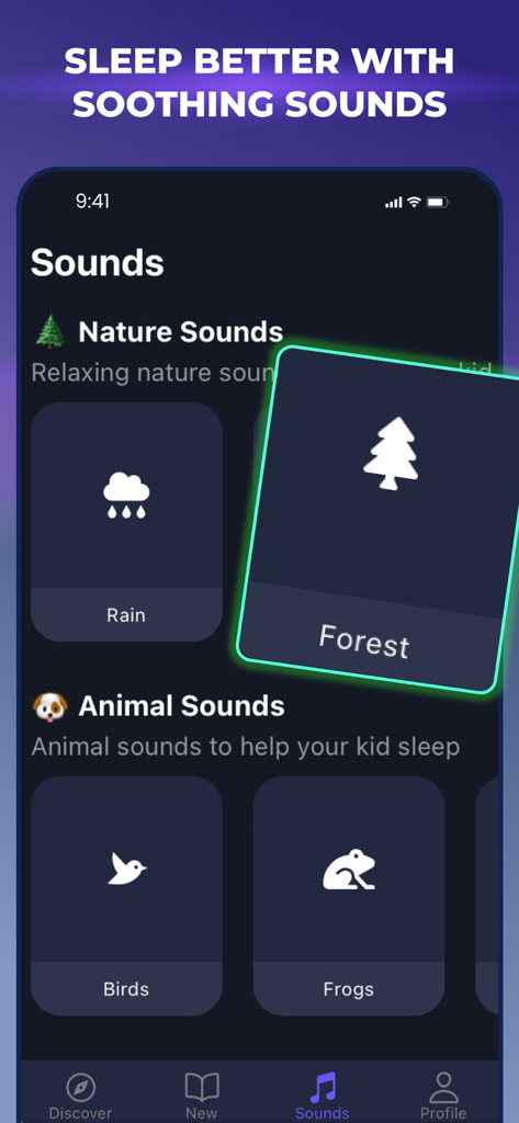 TaleAI: Bedtime Stories - TaleAI app interface displaying a library of soothing nature and animal sleep sounds for children