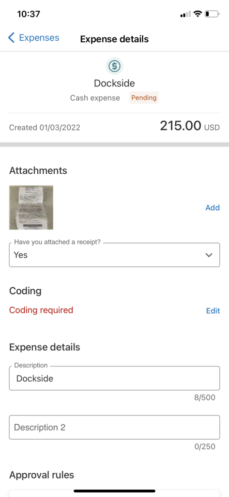 Mobile app screen showing expense details for a cash transaction at Dockside with a receipt attachment and status pending