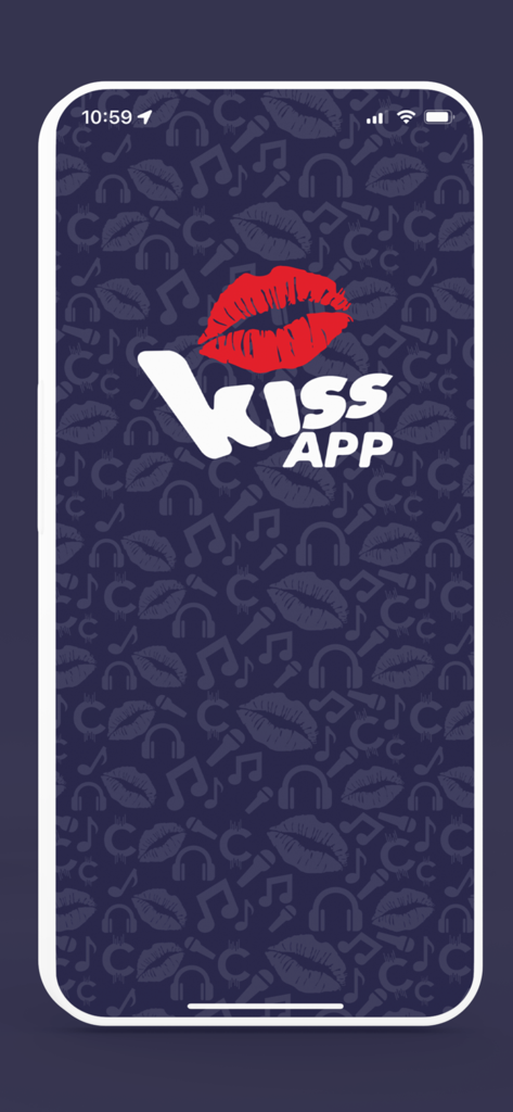 Kiss App - Kiss App logo with red lips over a blue patterned background featuring musical icons like headphones and microphones