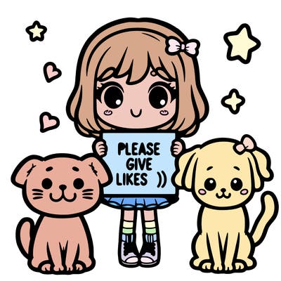 cute girl with cat ans dog holding a sighn "please give likes :)"