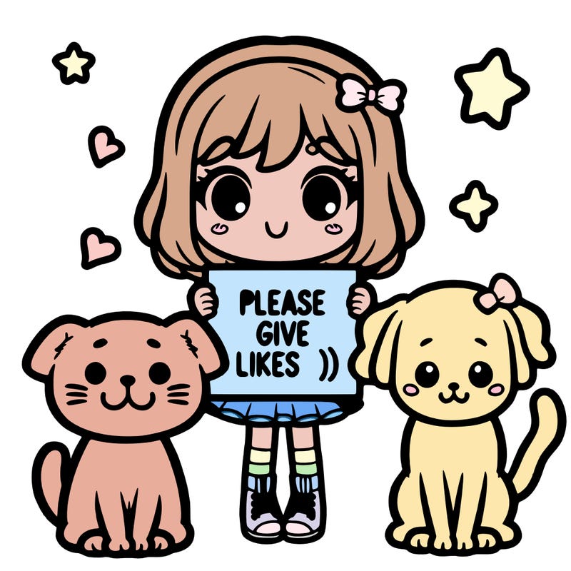 cute girl with cat ans dog holding a sighn "please give likes :)"