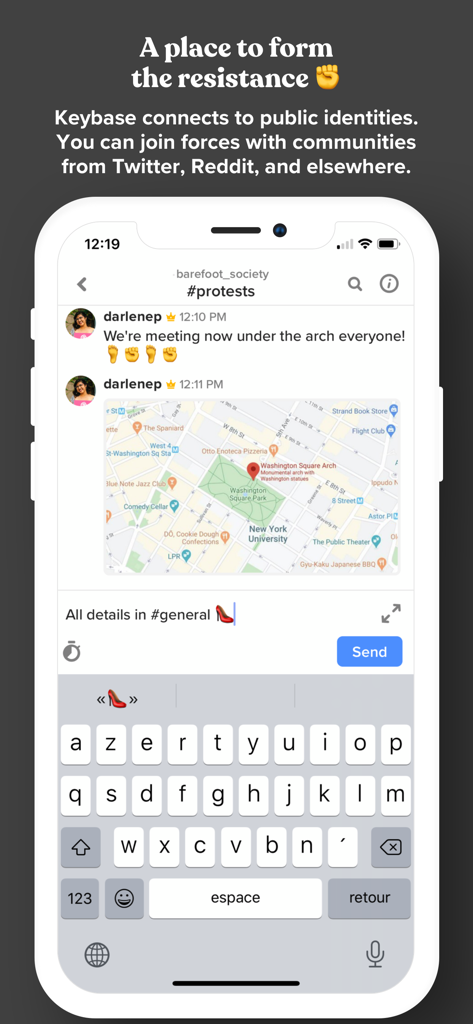 Keybase mobile app screenshot showing a secure community chat channel with a shared map location and encrypted messaging.