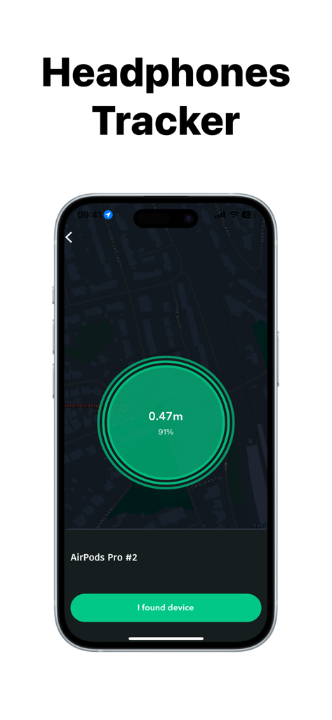 Find: my phone,device tracker - Interfaccia di un'app mobile che mostra un radar che traccia la distanza degli AirPods Pro