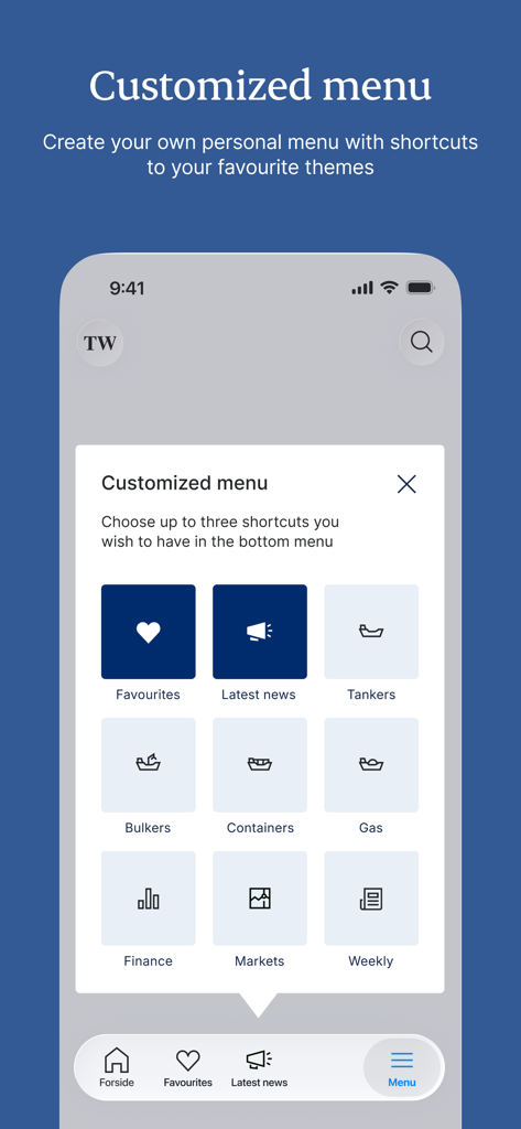 TradeWinds News - TradeWinds News app interface showing a customized menu with shortcuts for maritime industry news categories like tankers and finance.