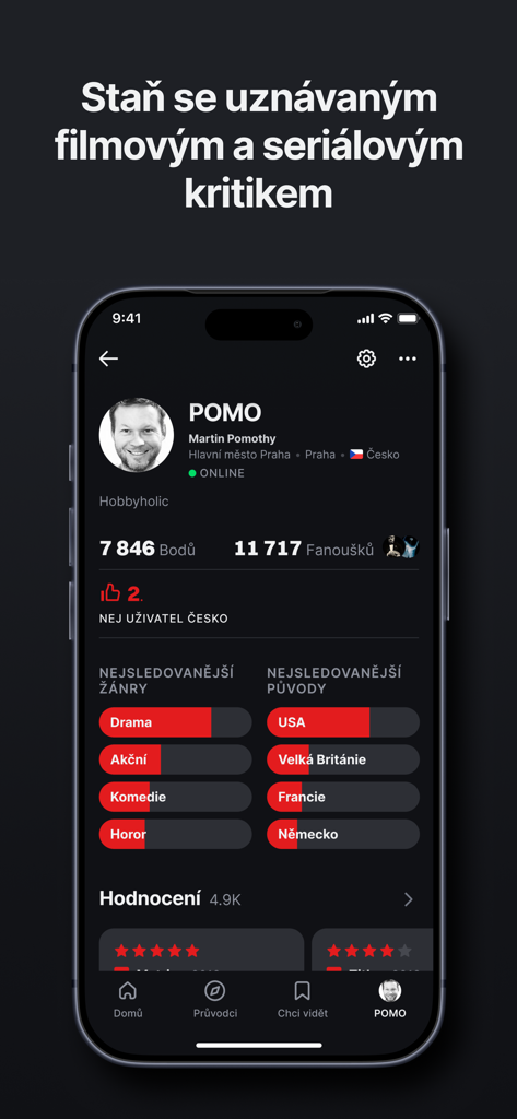 ČSFD - Benutzerprofilbildschirm in der ČSFD-App, der Filmkritiker-Statistiken und bevorzugte Filmgenres anzeigt