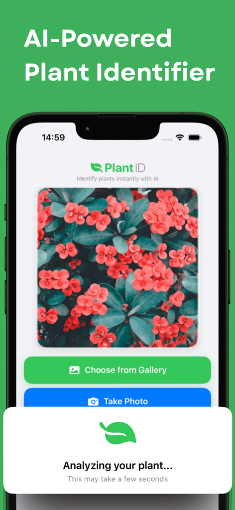 Plant Identifier & Flower Id - Interfaz de la aplicación Identificador de Plantas que muestra el análisis de IA de una foto con flores rojas