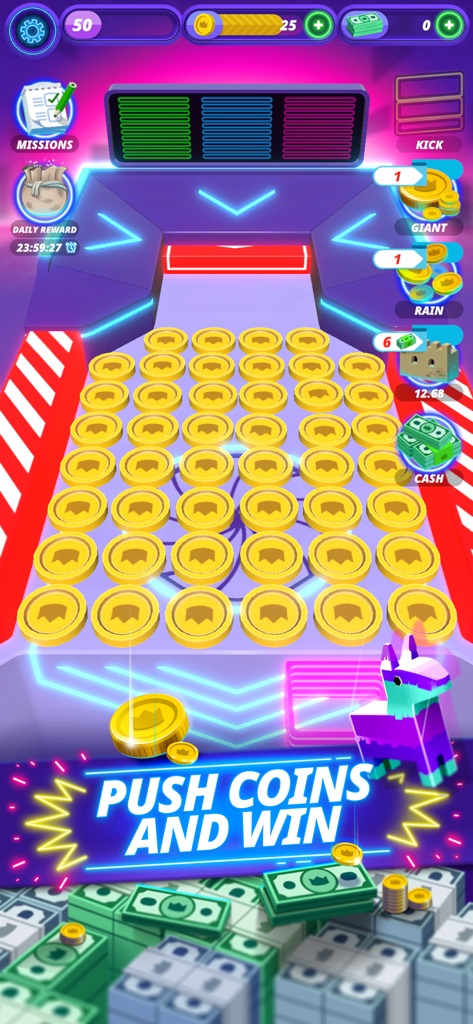 ネオンの金貨で満たされたネオンアーケードマシンのCoin Pusher Vegas Maniaのゲームプレイ