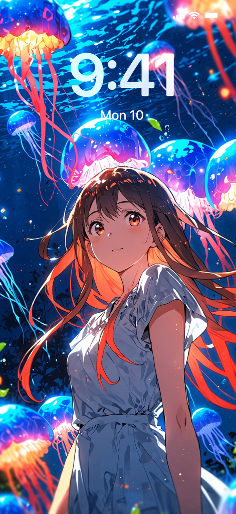 Anime girl in a white dress surrounded by glowing blue and pink jellyfish on a mobile phone lock screen