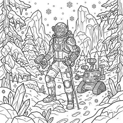 Step into a futuristic winter landscape with this captivating coloring page featuring an Exploration Cyborg. This detailed scene invites you to bring a world of frost and advanced technology to life with your colors.