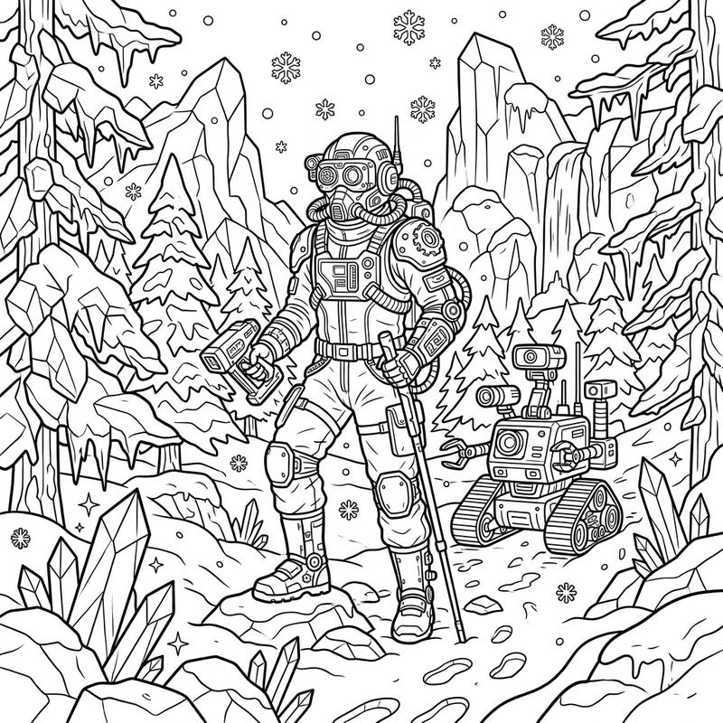Step into a futuristic winter landscape with this captivating coloring page featuring an Exploration Cyborg. This detailed scene invites you to bring a world of frost and advanced technology to life with your colors.