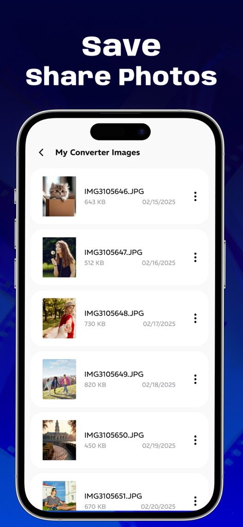 Image converter JPG, PNG, JPEG - A list of converted JPG images displayed with their file names and sizes in the app gallery.