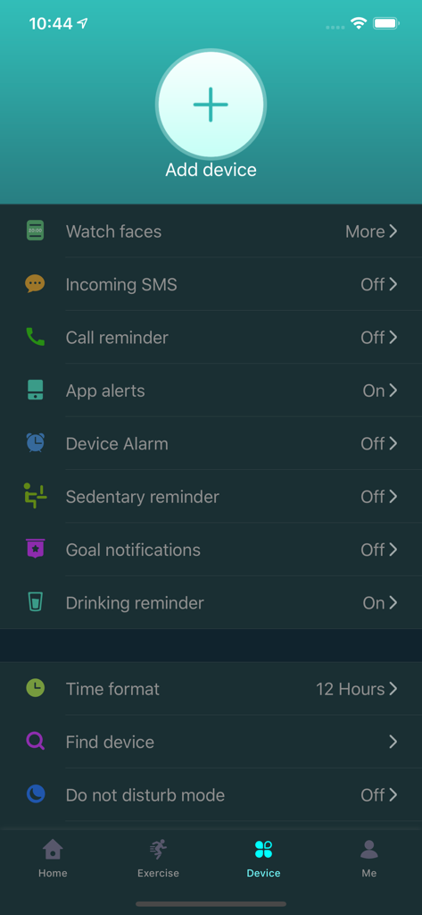 Ywatch - Ywatch app device settings screen showing smartwatch configuration options and reminders