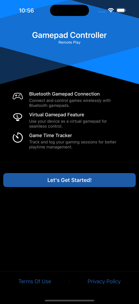 Gamepad Controller-Remote Play - Interfaz de la aplicación Gamepad Controller que muestra funciones como conexión de gamepad Bluetooth, gamepad virtual y rastreador de tiempo de juego