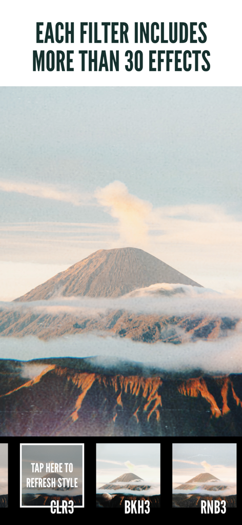 1967: Retro Filters & Effects - Paisaje de montaña editado con filtros de fotos retro 1967 mostrando múltiples variaciones de efectos